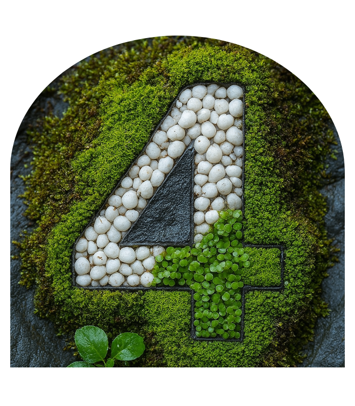 Chiffre 4 en pierres blanches recouvertes de mousse verte, symbolique en numérologie stratégique.