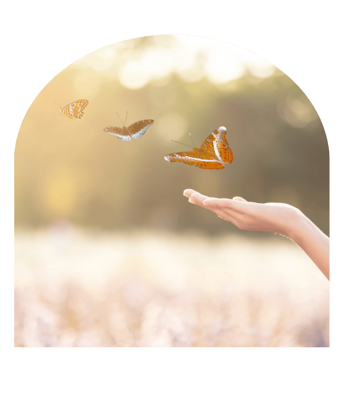 Main tendue vers un papillon en vol, symbole de transformation et de liberté dans le parcours Oser être soi.